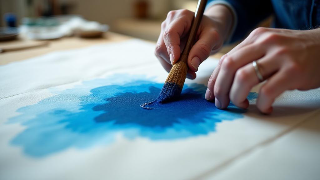 Artisan hands applying blue dye to white silk using a traditional brush